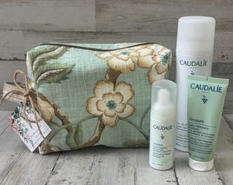 Lined and Zippered Sea Green Floral Print Boxy Cosmetic and Toiletry Bag