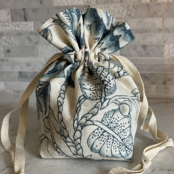 Covington Blue Floral Linen Drawstring Bag