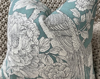 Floral and Bird Pillow Cover in Aqua