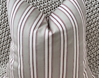 Red, Taupe and Ivory Striped Cotton Pillow Cover