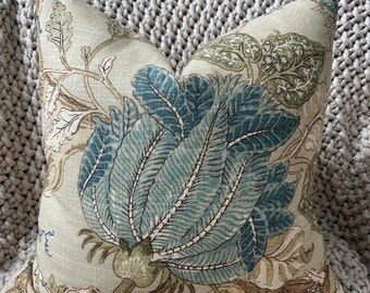 Blue and Khaki Jacobean Floral Pillow Cover