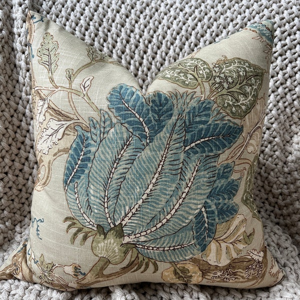 Blue and Khaki Jacobean Floral Pillow Cover