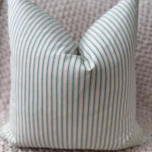Aqua and Natural Ticking Stripe Pillow Cover