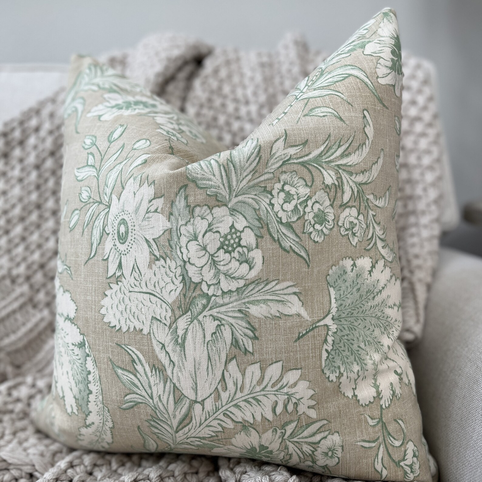 Neutral Cream and Green Floral Pillow Cover Etsy