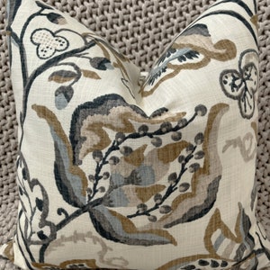 Sandstone & Blue Jacobean Floral Pillow Cover