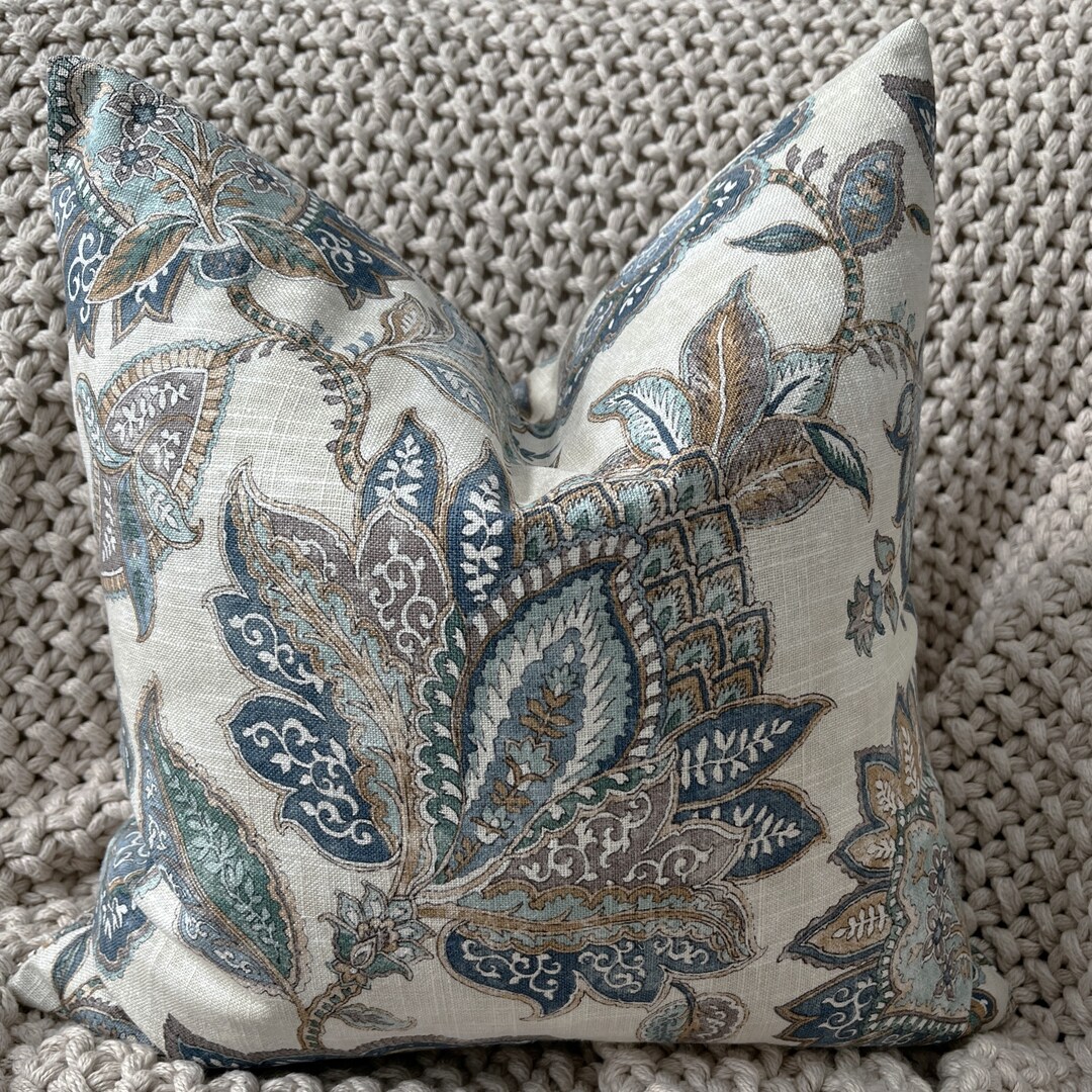 Beautiful Covington Jacobean Pillow Cover in Blues and Browns Etsy