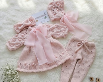 Hand-Knit Alpaca Baby Dress Set, Bonnet & Leggings
