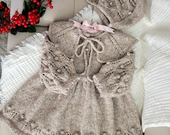 Hand Knit Alpaca Baby Dress Set, New Baby Gift