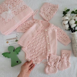 5 Piece HandKnit Newborn Set - Blanket,Cardigan,Romper,Hat & Socks - Baby Coming Home Outfit- White Baby Girl Dress, Newborn Gift Set