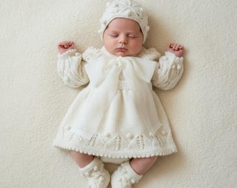 Hand Knit Alpaca Baby Dress and Bonnet Set – Heirloom Homecoming Outfit