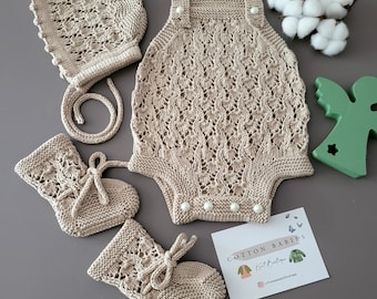 Handgestrickter Baby Strampler Set, Bio Baumwolle Outfit