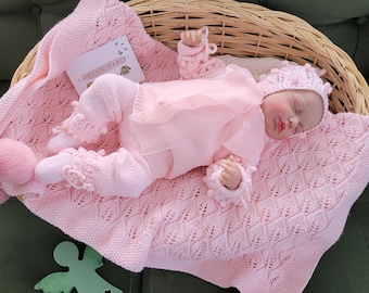 Handmade Organic Cotton Knit Newborn Outfit, Baby Blanket Set