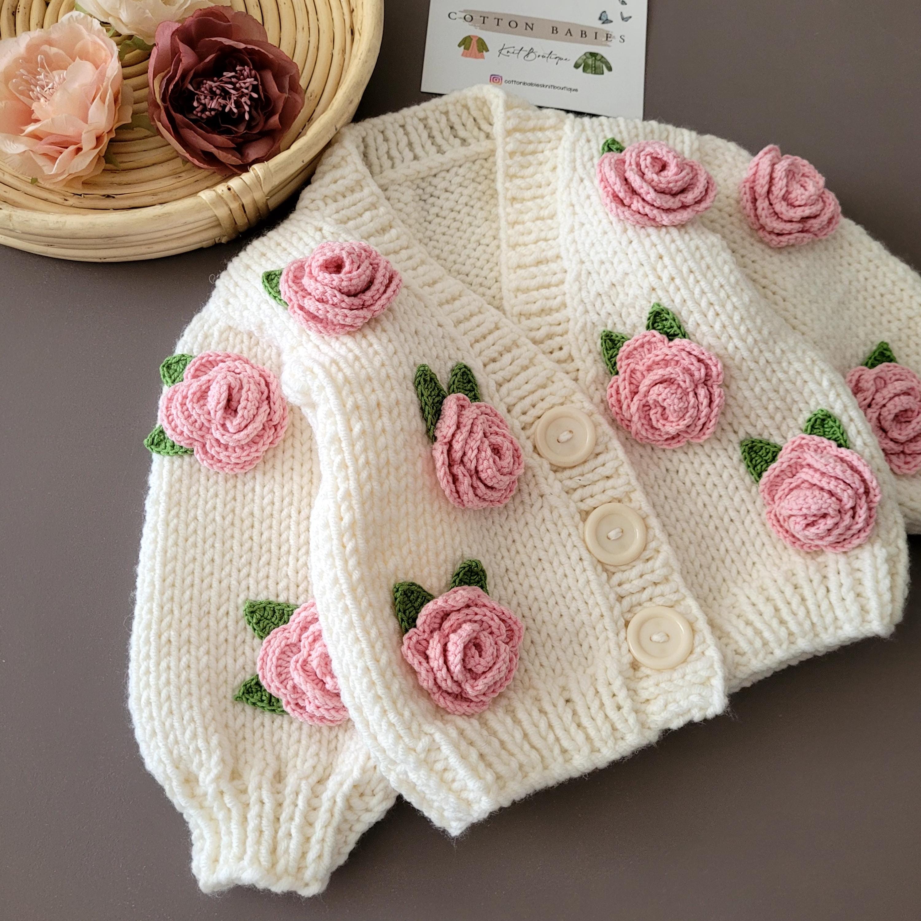 Handmade Knit Baby Cardigan With Pink Roses - Etsy