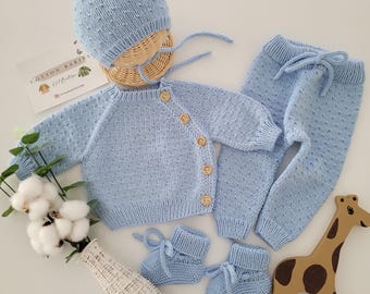 Organic Cotton Knitted Baby Outfit, Newborn Coming Home Gift
