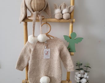 Conjunto de coelhinho de alpaca tricotado à mão para bebê, roupa para recém-nascido.