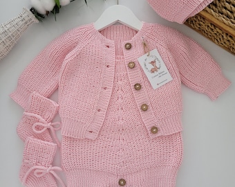 Hand Knit Organic Cotton Baby Outfit, Newborn Girl Coming Home Set