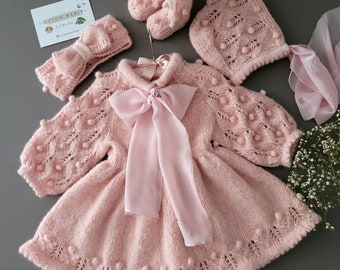 Knitted Baby Girl Dress Set,Hand Knit Clothing Gift,Alpaca Hand Knit Baby Clothes,Baby Girl Knitwear Dress,Baby Princess Dress