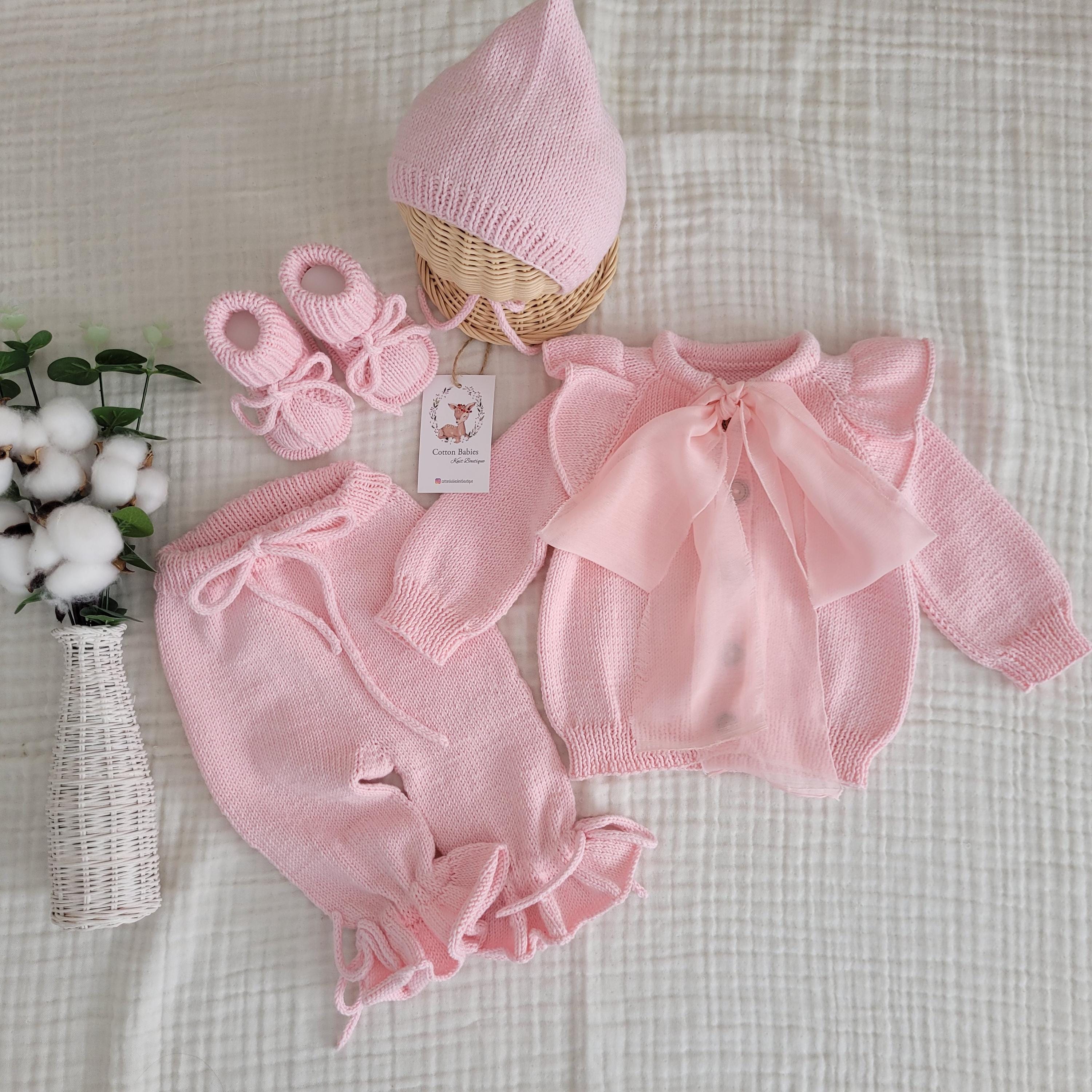 Handmade Organic Cotton Knit Baby Set, Pink Sweater, Hat, Booties