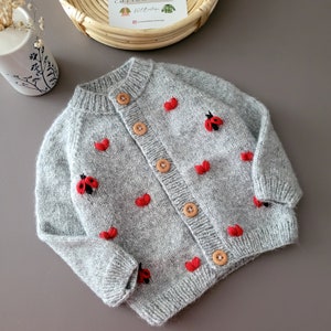 Handmade Baby Cardigan, Ladybug Heart Embroidery, Newborn Gift