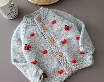 Love & ladybird Cardigan, Baby Girl Clothes, New Born Gift, Happy Birt day gift, Baby Cardigan, Handmade Sweaters, Baby Shower