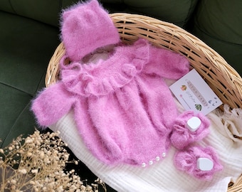 Newborn Baby Homecoming Clothes, Baby Romper with Ruffles, Baby Outfit, Baby Girl Gift, Knitted Newborn Outfit Sets, Ruffled Baby Romper Set