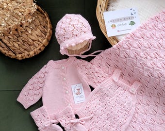 Handmade Organic Cotton Knit Baby Set – Romper, Blanket, Bonnet & Booties