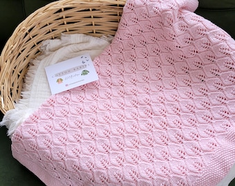 Handmade Cotton Knit Baby Blanket, Lace Pattern, Baby Shower Gift