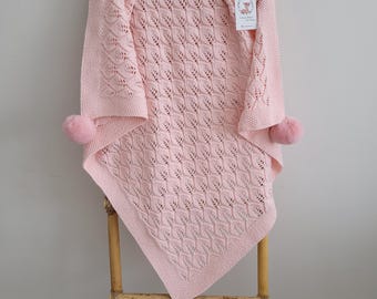 Handmade Lace Knit Cotton Baby Blanket, Pink Pom Decor