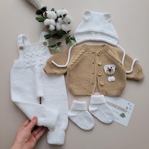 Teddy Bear Romper Set,Coming Home Hospital Gift,Knitted Newborn Outfit,Organic Cotton Baby Clothing,Knitted Baby Clothes,Baby Shower Gift
