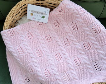 Handmade Pink Knit Baby Blanket, Vintage Lace, Cotton Yarn