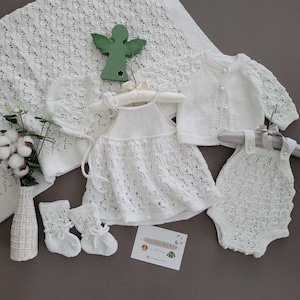 6 Piece HandKnit Newborn Set - Blanket, Dress,Cardigan,Romper,Hat & Socks - Baby Coming Home Outfit- White Baby Girl Dress, Newborn Gift Set