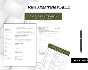 May include: A resume template with a professional design, featuring a green and white color scheme. The template includes sections for professional overview, working experience, and references. A black and gold pen is placed next to the resume. The text "Resume Template" is at the top.