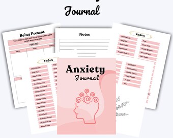 May include: A pink and white printable anxiety journal with the title "Anxiety Journal" and a line drawing of a head with swirls. The journal includes sections for notes, a 2023 calendar, a sleep tracker, appointments, a mood tracker, a weekly planner, a gratitude log, and a "Being Present" section.