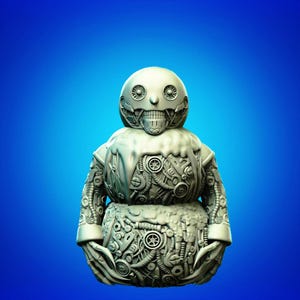May include: A detailed, metallic sculpture of a robot-like figure with a round head and body. The figure has intricate mechanical details, including gears, wires, and circular components, with a light grey color against a blue background.