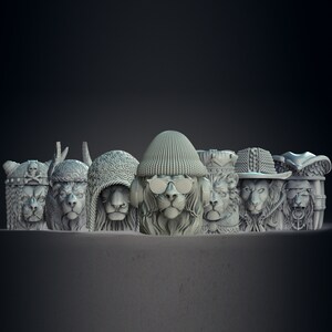 May include: A row of seven lion head figurines, each with a different style of hat or headwear. The figurines are made of a light gray material and have a realistic appearance.
