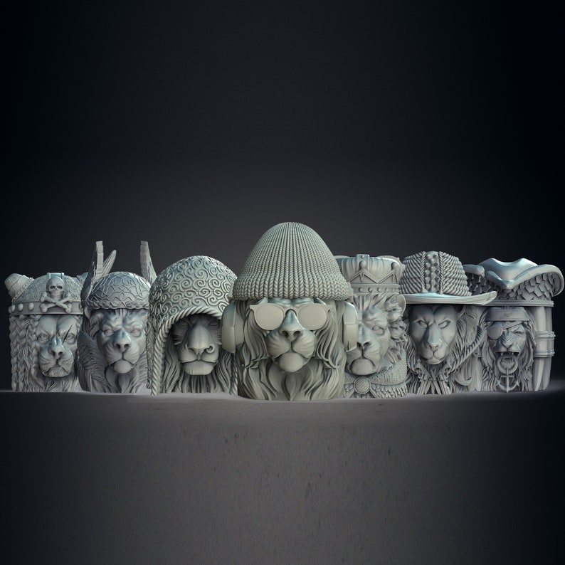 May include: A row of seven lion head figurines, each with a different style of hat or headwear. The figurines are made of a light gray material and have a realistic appearance.