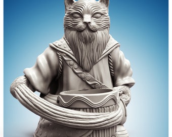 May include: A white ceramic figurine of a cat wearing a robe and holding a bucket. The cat has a long, bushy tail and a friendly expression.