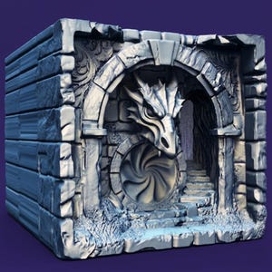 May include: A detailed, gray stone structure featuring a dragon head above a circular door. The design includes an arched doorway, steps, and intricate carvings, creating a fantasy or medieval theme.