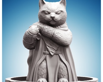 May include: A white ceramic figurine of a cat wearing a robe and holding its arms crossed. The cat has a serious expression and is standing on a round base.