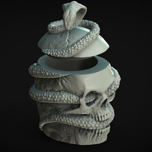 May include: A gray, three-dimensional sculpture of a skull with a snake coiled around it. The snake's head is at the top, and the skull is split into sections. The sculpture has a detailed, textured surface and is set against a dark background.