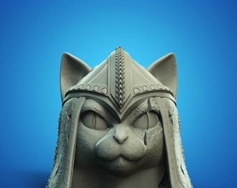 May include: A grey, 3D-printed cat bust wearing a detailed helmet. The cat has large eyes and a small scar under one eye. The helmet features intricate designs and covers the cat's ears and head, set against a blue background.