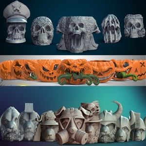 May include: A collection of Halloween-themed 3D printed decorations, including pumpkins, skulls, and a monster with tentacles. The decorations are in various shades of orange, gray, and white.