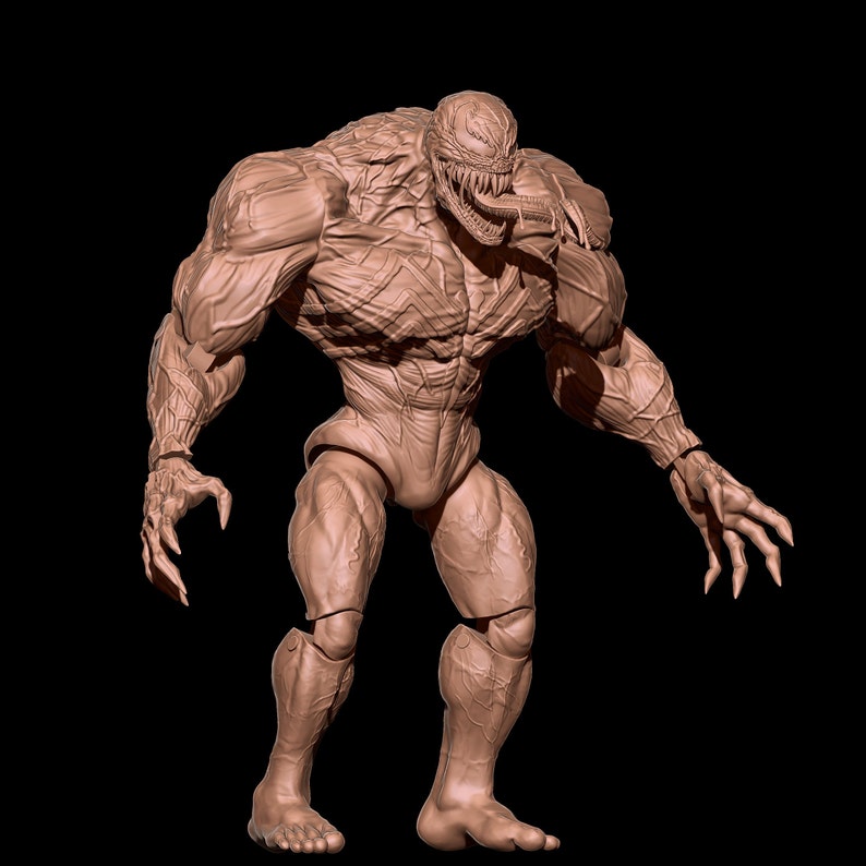 May include: A detailed 3D model of a muscular, humanoid figure with a monstrous, reptilian head. The figure is posed in a dynamic stance, with its arms outstretched and its head tilted forward. The model is rendered in a light brown color, giving it a realistic appearance.