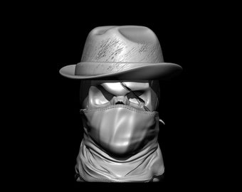 May include: A white skull wearing a gray fedora hat and a gray bandana covering the lower face.
