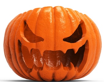 May include: A carved orange pumpkin with a scary face. The pumpkin has a wide, toothy grin and angry eyebrows.