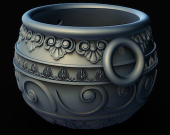 May include: A gray ceramic pot with intricate decorative details, including a ring handle and a raised design of swirls and floral patterns.