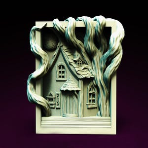 May include: A 3D printed wall decor piece featuring a small cottage with a thatched roof, a door, and windows. The cottage is surrounded by vines and a crescent moon is visible in the background.