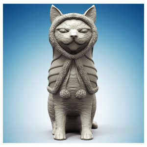 May include: A white ceramic cat figurine wearing a knitted hat and scarf with pom-poms. The cat is sitting with its paws tucked under its body.