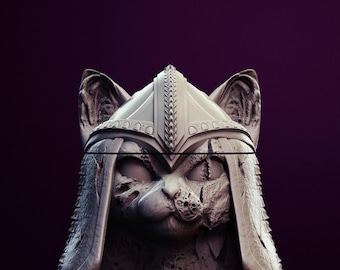 May include: A detailed, grey sculpture of a cat's head wearing a helmet. The helmet has intricate designs and a pointed top. The cat's face has visible features, including eyes, nose, and whiskers. The background is a solid, dark purple.