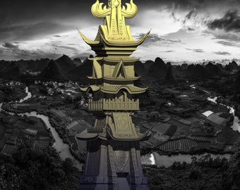 May include: A gold pagoda-style tower with intricate details and Chinese characters, set against a black and white background of a mountainous landscape.